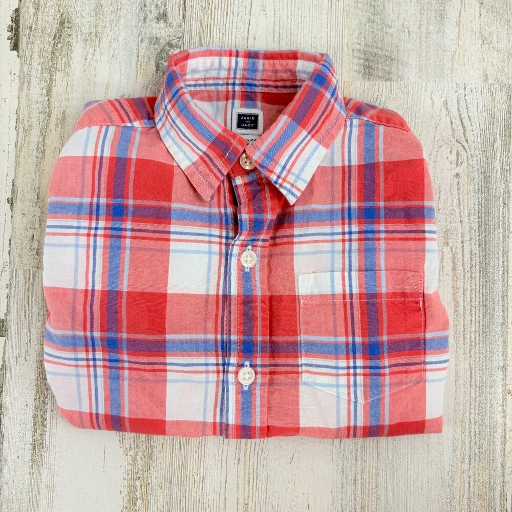Janie and Jack Boys Sz 18 24 M Red Blue Plaid Button Down Long Sleeve Shirt